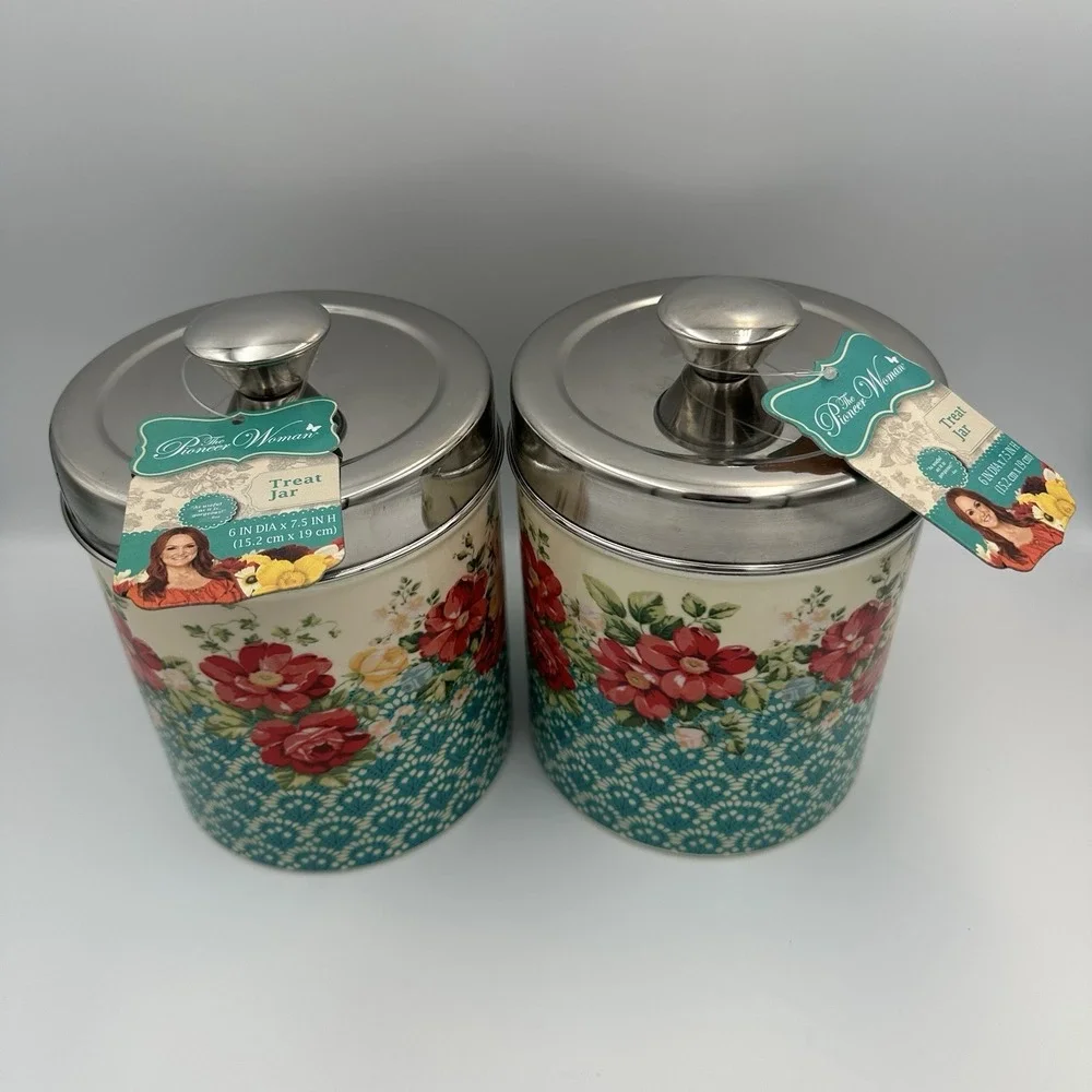 (2) Pioneer Woman Treat Jar Tin Floral Canister Set